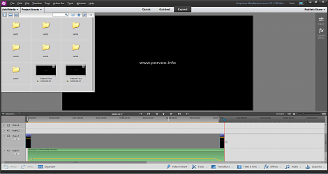 Tässä kuvakaappauksessa näkyy Adobe Premiere Elementsin projekti Aamu Porvoossa -timelapsevideota varten.