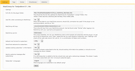 A screenshot of MailChimp for Textpattern (lite).