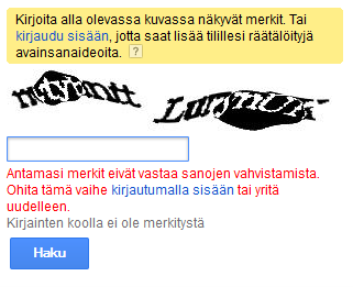 Googlen Avainsanatyökalun CAPTCHA, ei saa selvää.