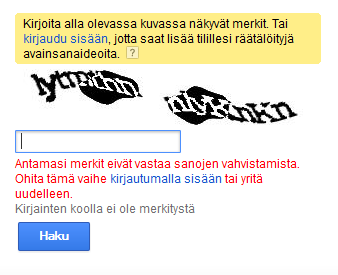 Screenshotti Googlen Avainsanatyökalun CAPTCHA-lomakkeesta.
