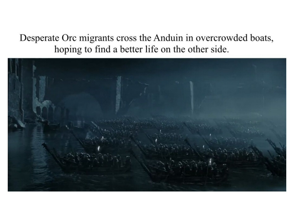 Desperate Orc migrants cross the Anduin in overcrowded boats, hoping to find a better life on the other side.