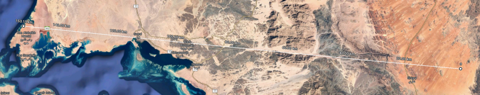 Google Mapsin kartalle vedetty noin 153 kilometriä pitkä viiva.