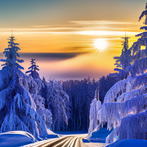 MidJourney V4:n näkemys Suomesta talvella. Lumisia puita, aurinkoinen taivas, tie metsän läpi.